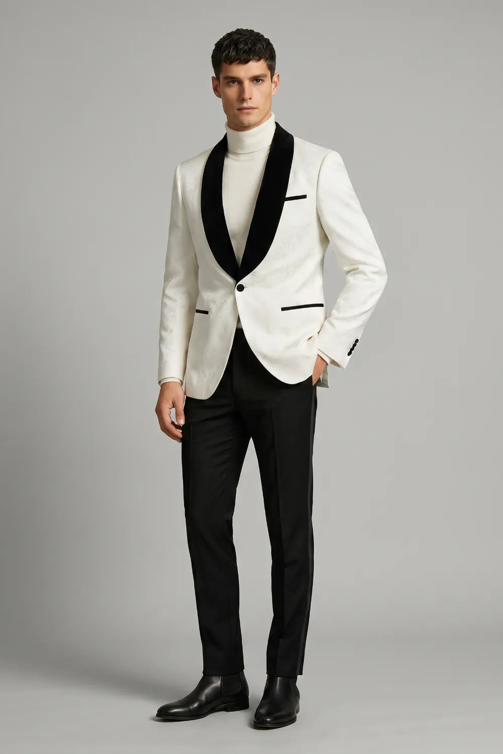 Men's White Jacquard Contrast Shawl Lapel Formal 2-Piece Suit