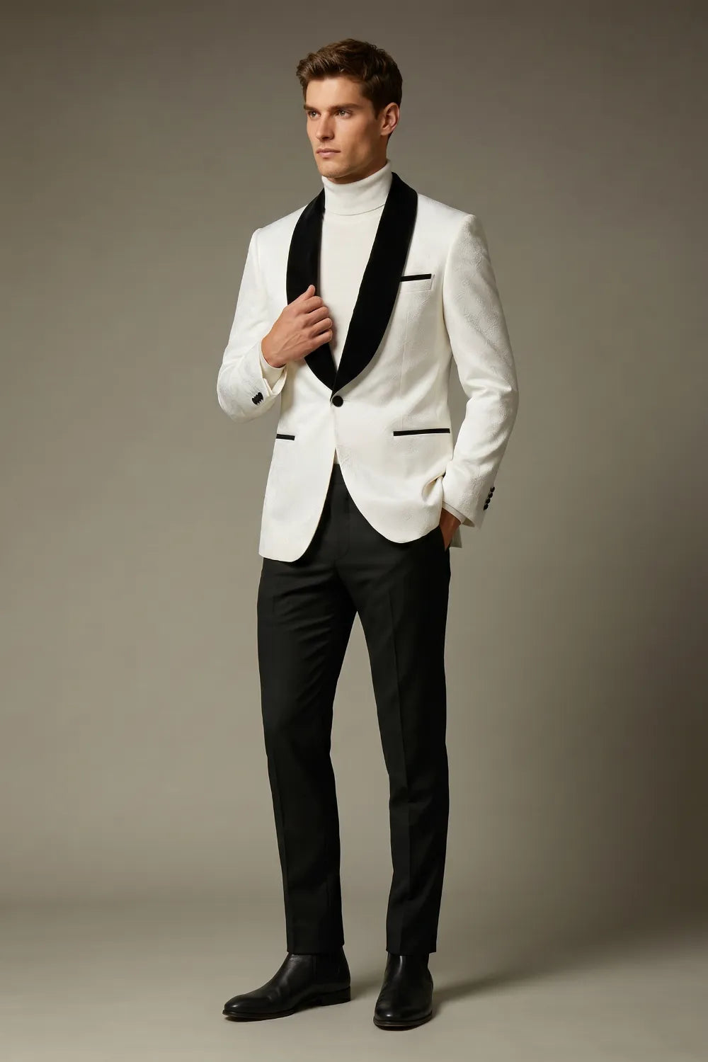 Men's White Jacquard Contrast Shawl Lapel Formal 2-Piece Suit