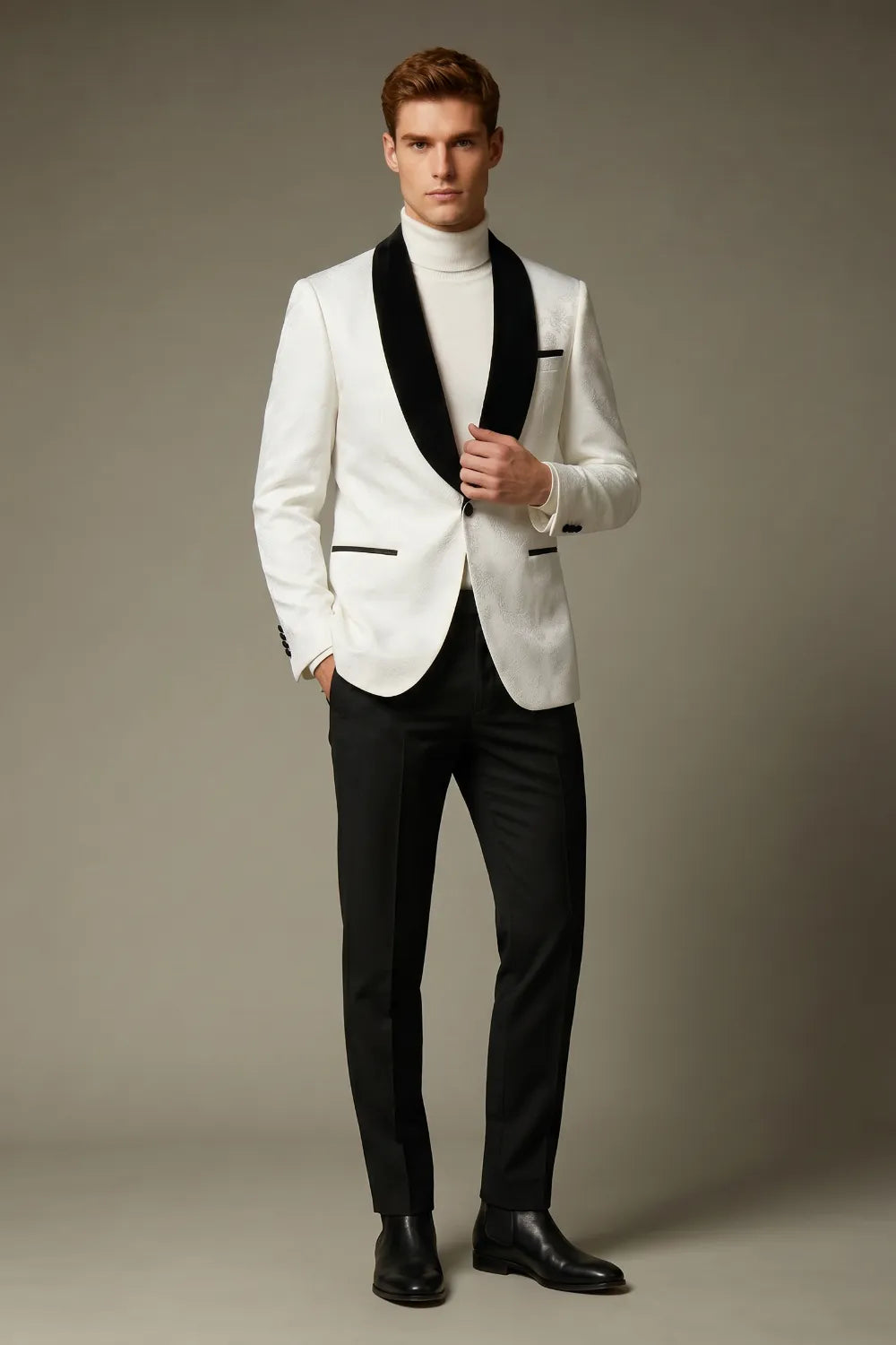 Men's White Jacquard Contrast Shawl Lapel Formal 2-Piece Suit
