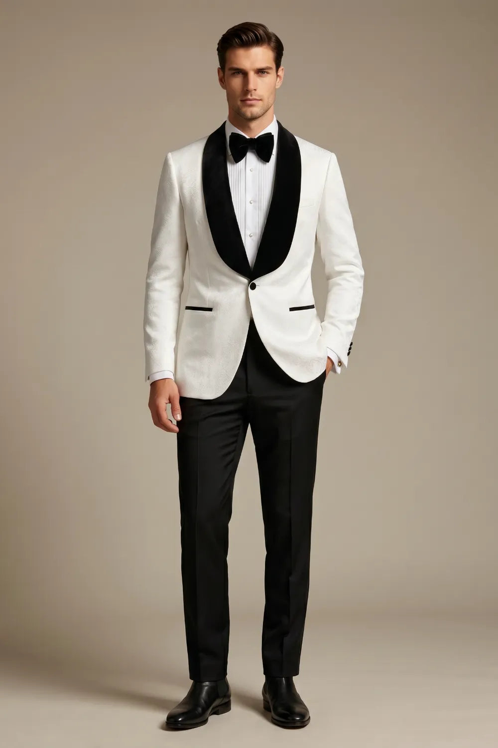 Men's White Jacquard Shawl Lapel Slim Fit 2-Piece Tuxedo Suit