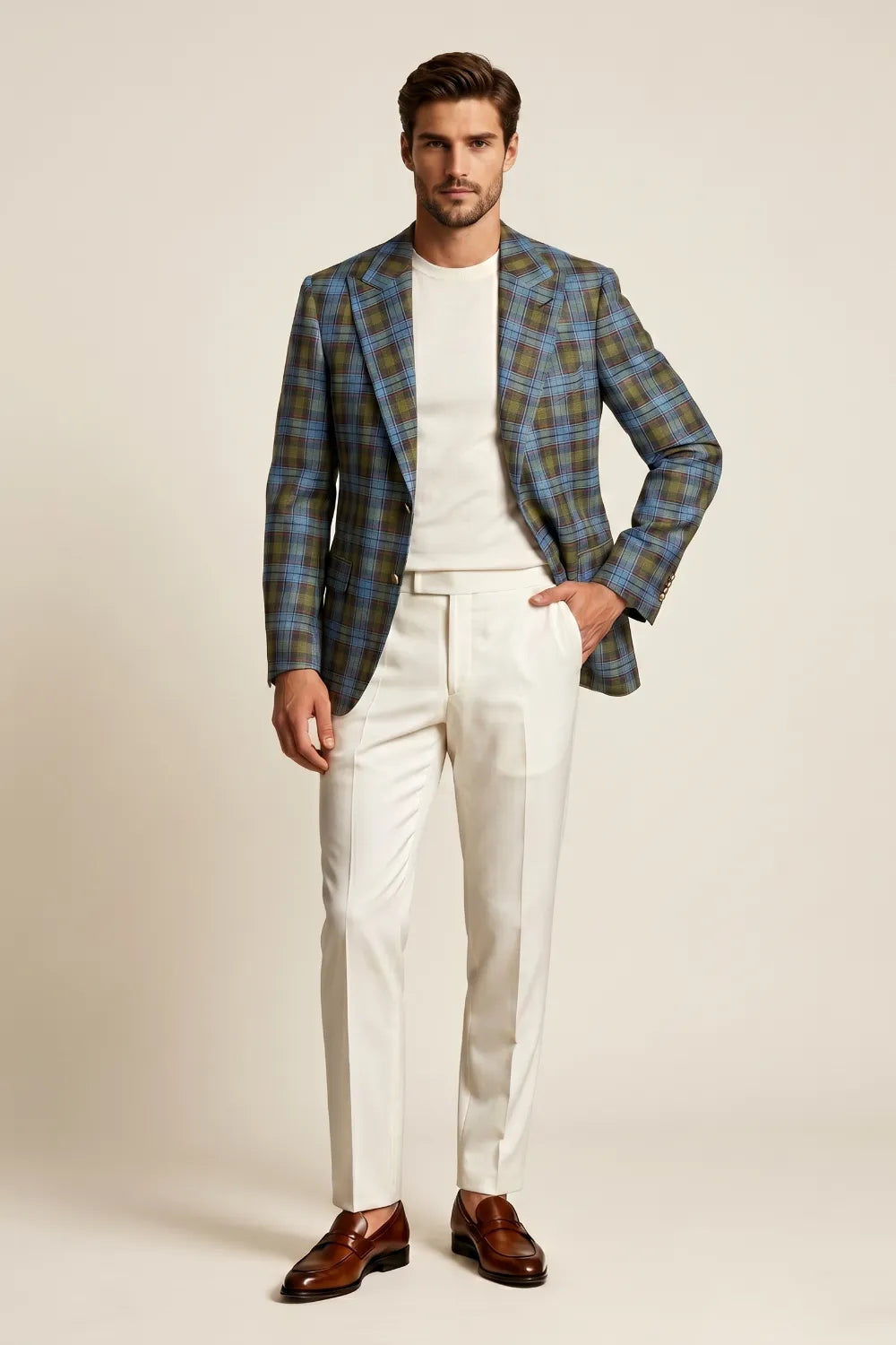 Men's Blue Green Tartan Peak Lapel 2 Piece Suit