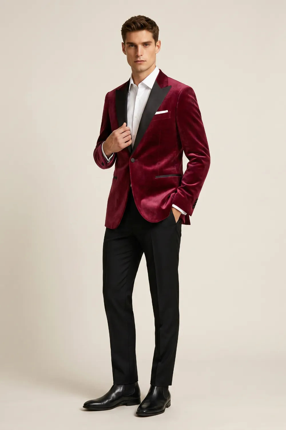 Men's Burgundy Velvet Peak Lapel 2-Piece Tuxedo Suit
