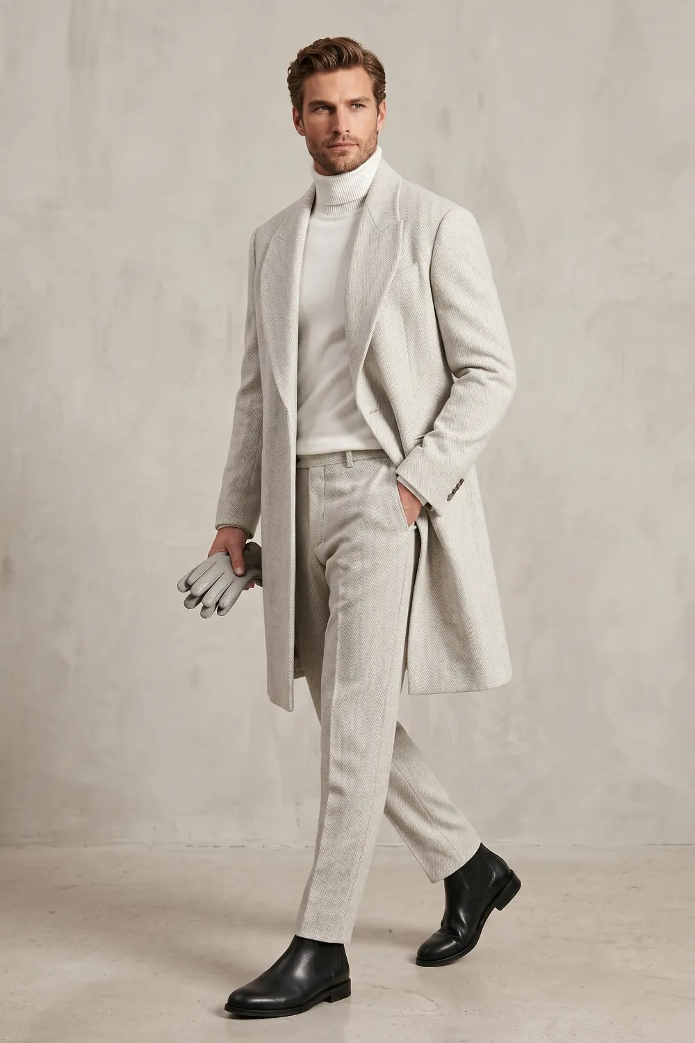 Men's Light Grey Herringbone Wool Overcoat