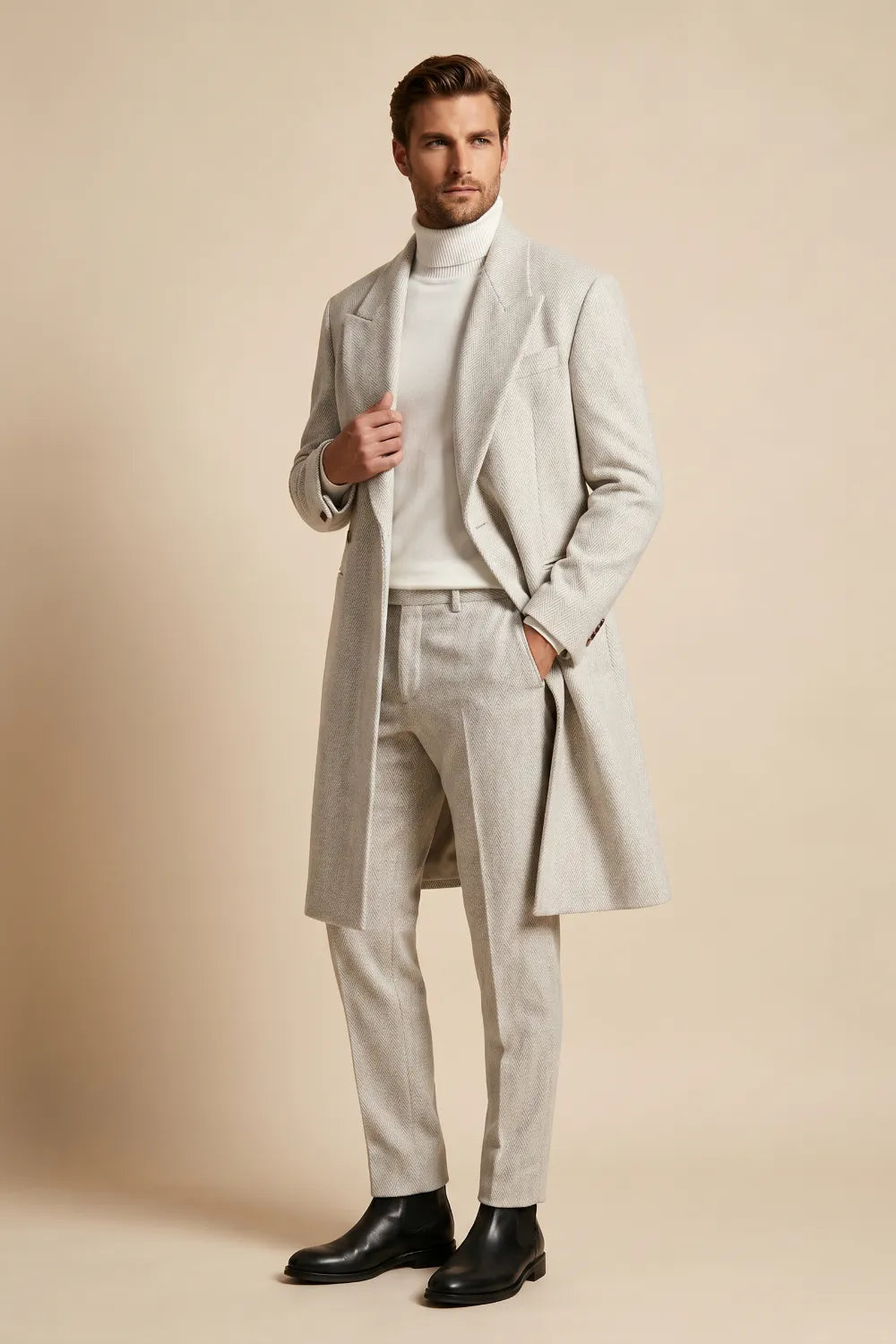 Men's Light Grey Herringbone Wool Overcoat