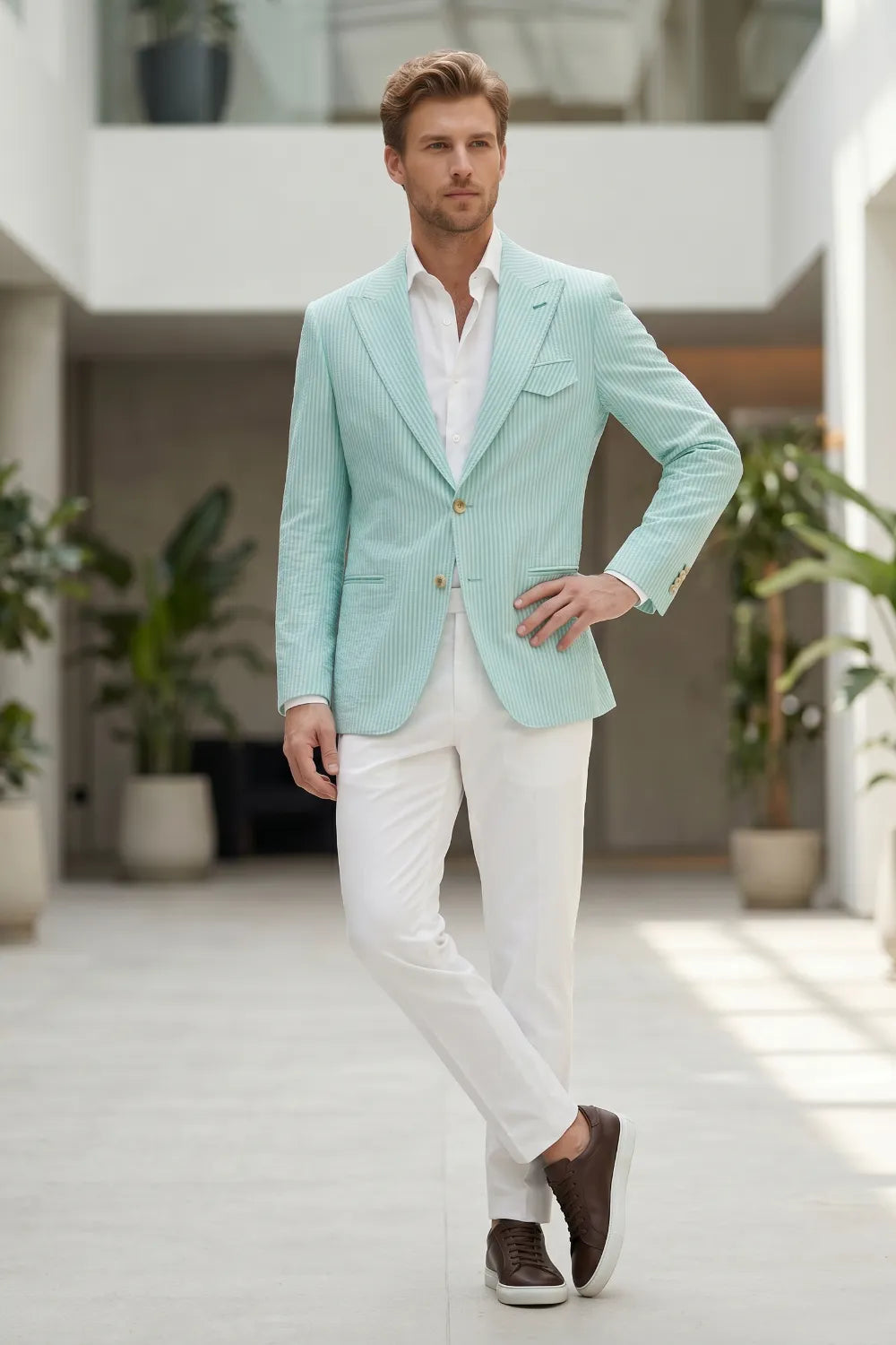 Men's Modern Single-Breasted Pinstripe 2 Piece Suit