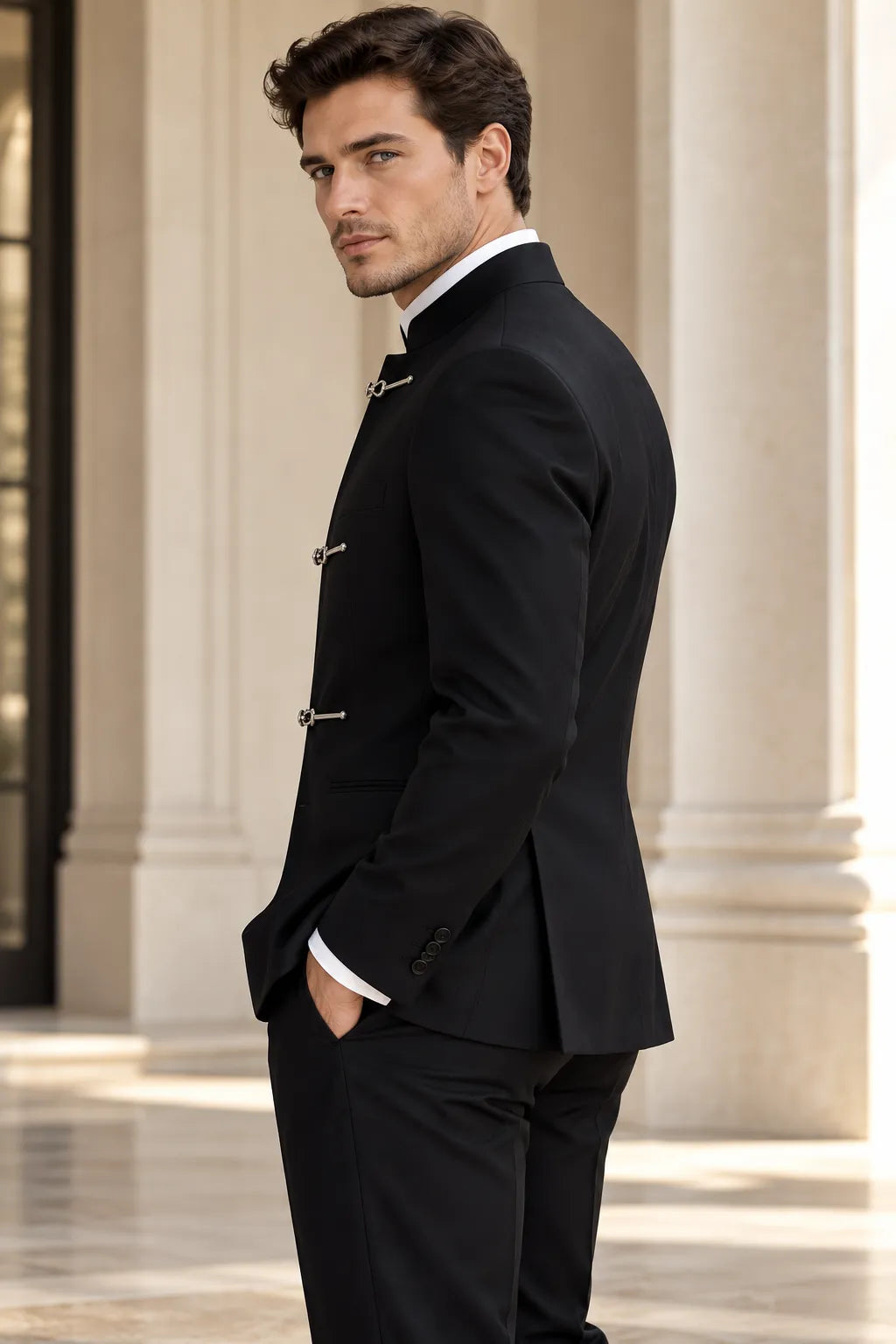 Men's Black Mandarin Collar 2 Piece Suit
