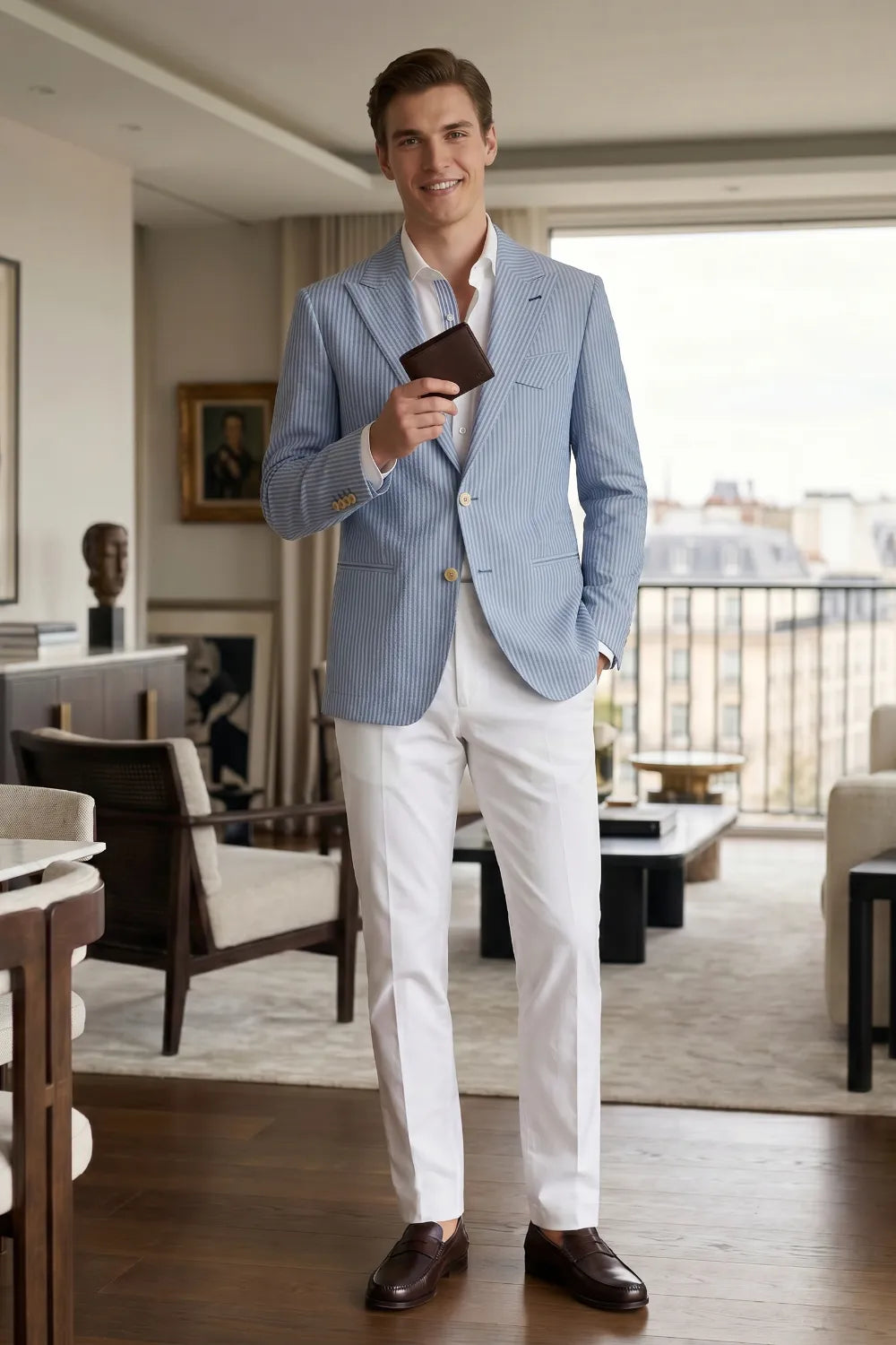 Men's Modern Single-Breasted Pinstripe 2 Piece Suit