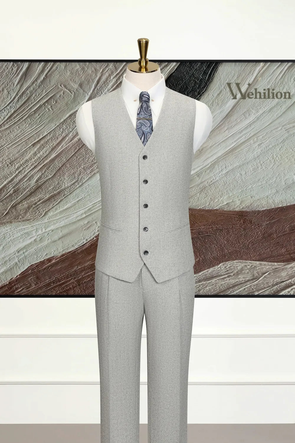 Men's Grey Formal Herringbone 3 Piece Suit
