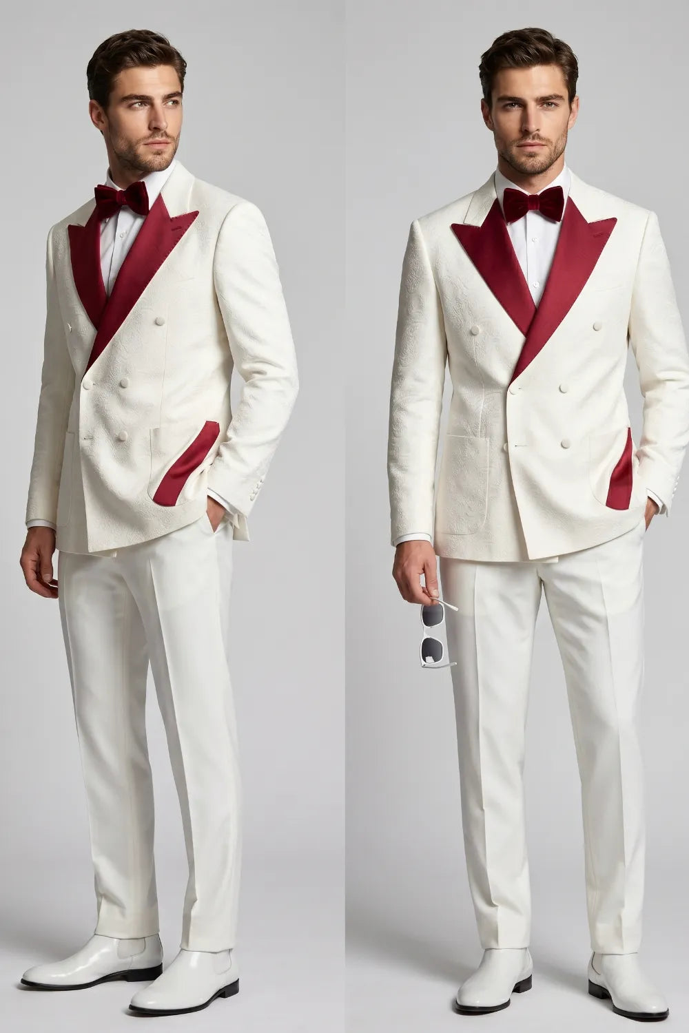 Men's White and Burgundy Double Breasted Jacquard Tuxedo Suit