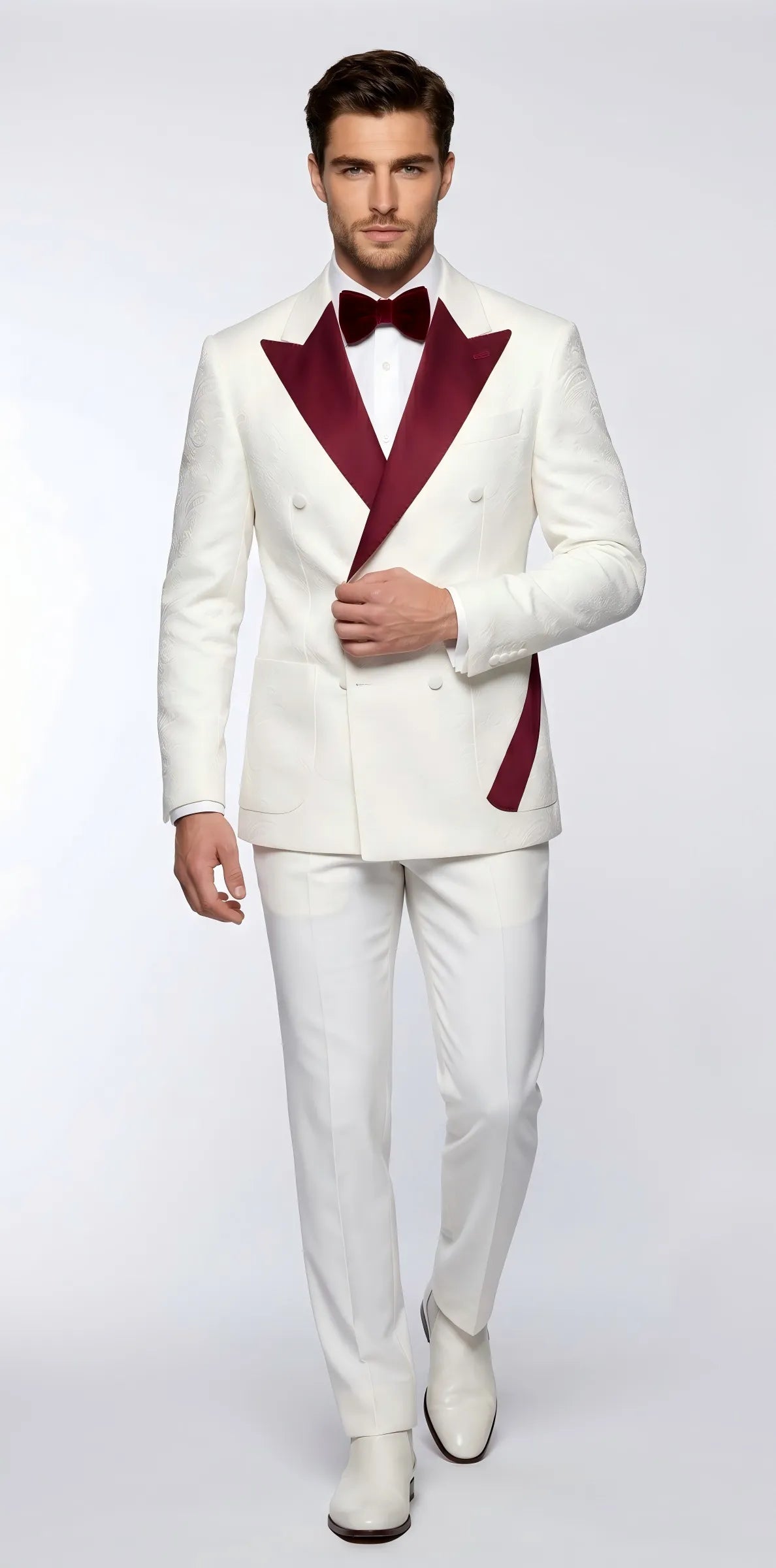 Men's White and Burgundy Double Breasted Jacquard Tuxedo Suit