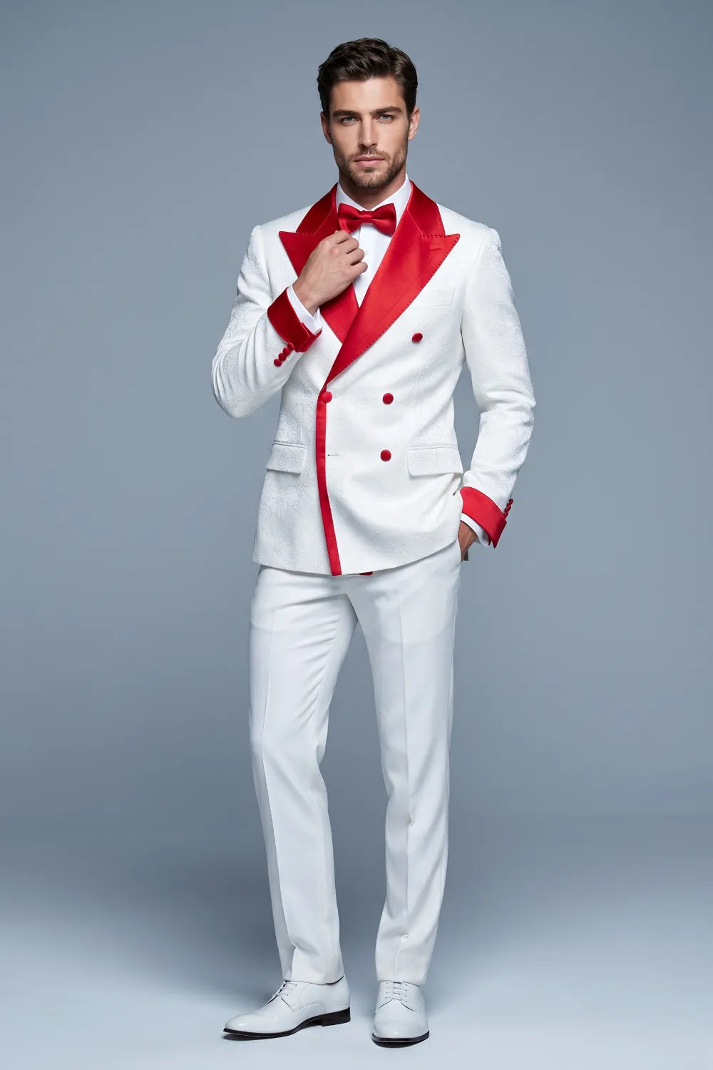 Men's White and Red Satin Peak Lapel 2-Piece Tuxedo Suit