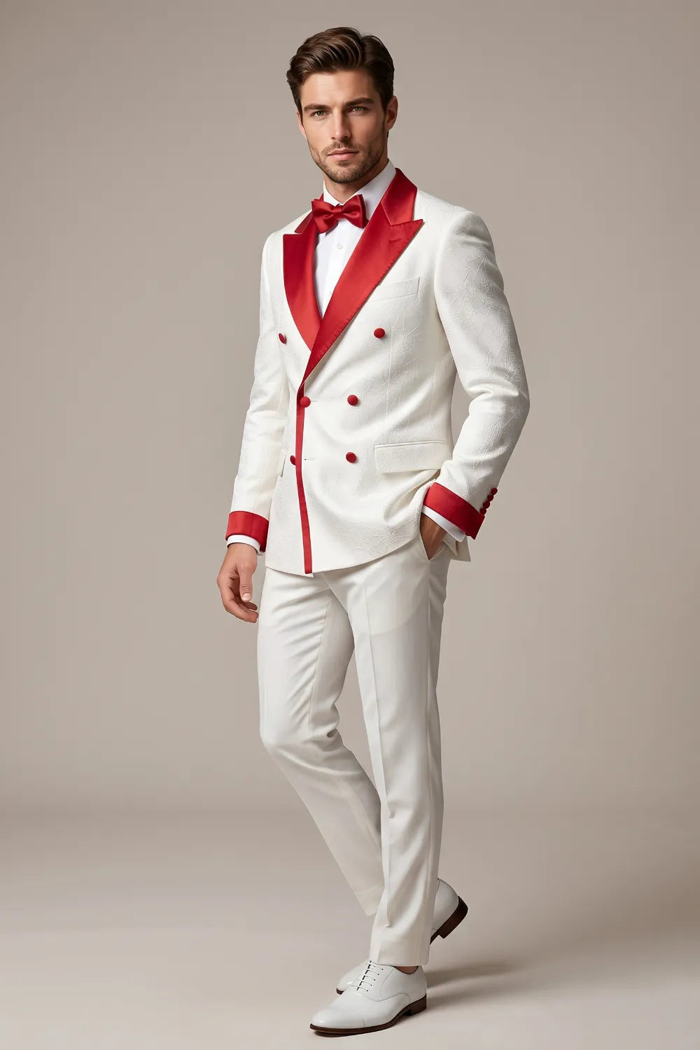 Men's White and Red Satin Peak Lapel 2-Piece Tuxedo Suit