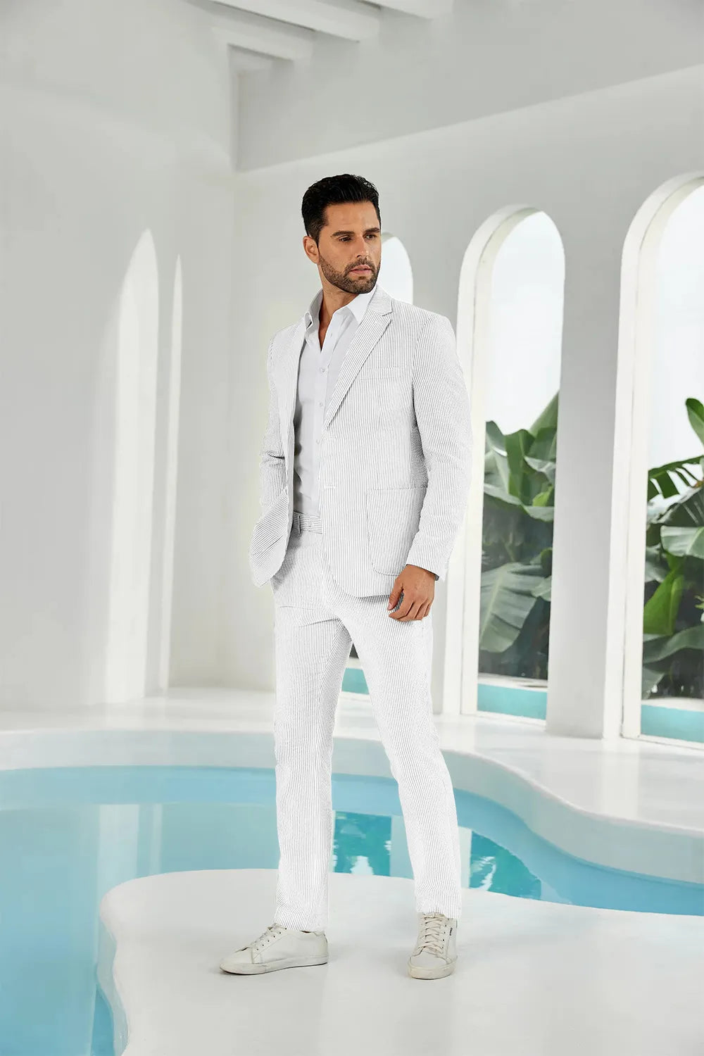 Full white seersucker striped blazer pants 2 piece men's summer suit upgrade version on model
