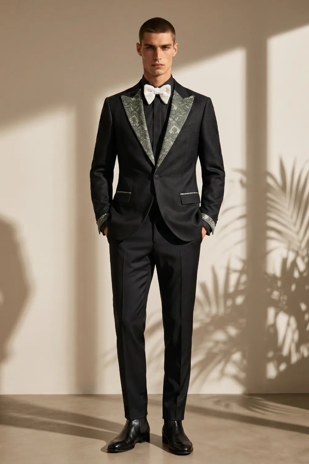 Men's Black Jacquard Peak Lapel 2-Piece Formal Tuxedo Suit
