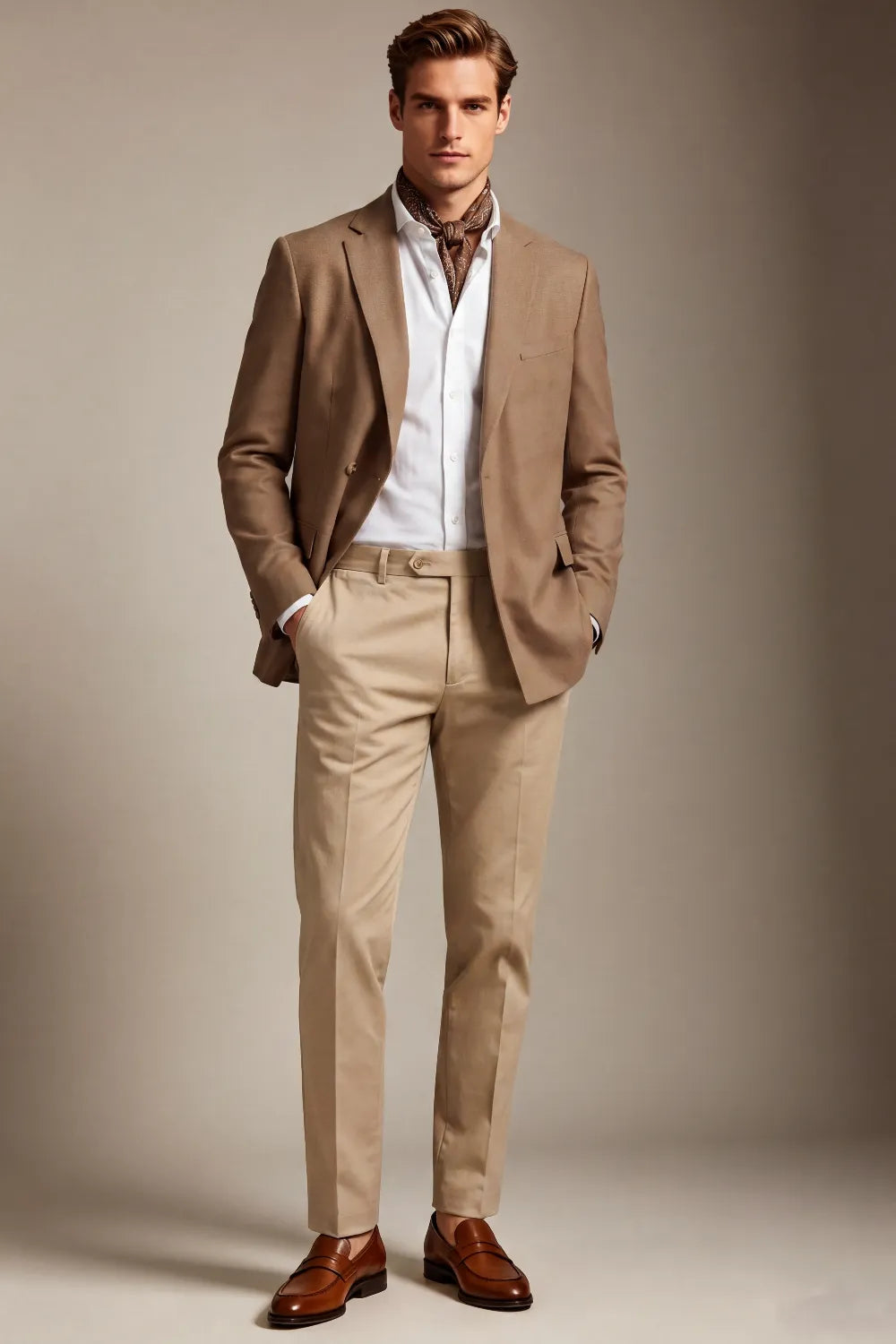 Men's Camel Textured Single Breasted 2 Piece Suit