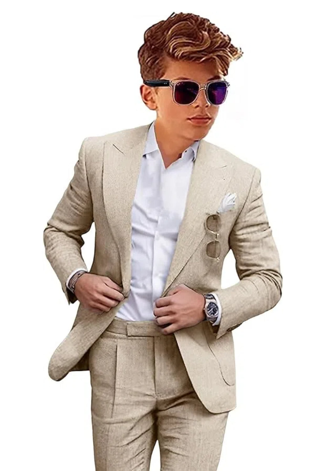 Beige boys linen suit with peaked lapel and white shirt – summer 2 piece outfit