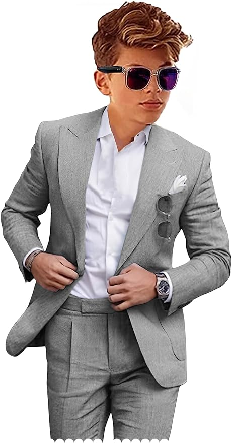 Grey boys linen suit with peaked lapel and white shirt – summer 2 piece outfit