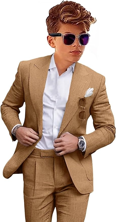 Stylish khaki 2 piece boys linen suit with tailored fit – casual formalwear look
