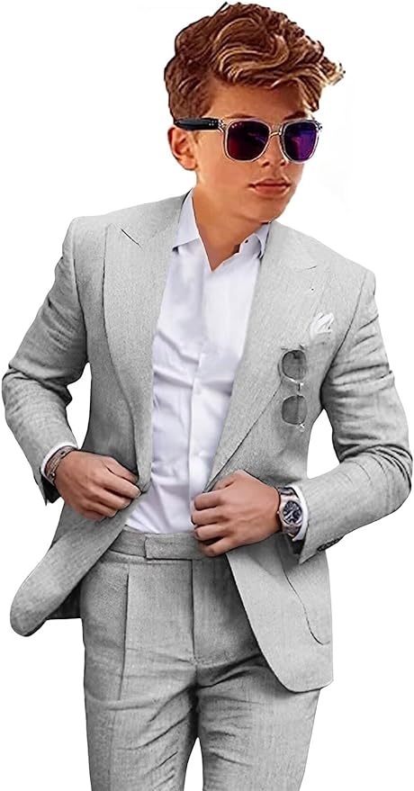 Stylish light grey 2 piece boys linen suit with tailored fit – casual formalwear look