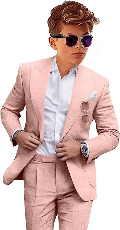 Stylish pink 2 piece boys linen suit with tailored fit – casual formalwear look