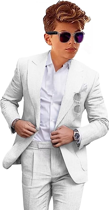 White boys linen suit with peaked lapel and white shirt – summer 2 piece outfit