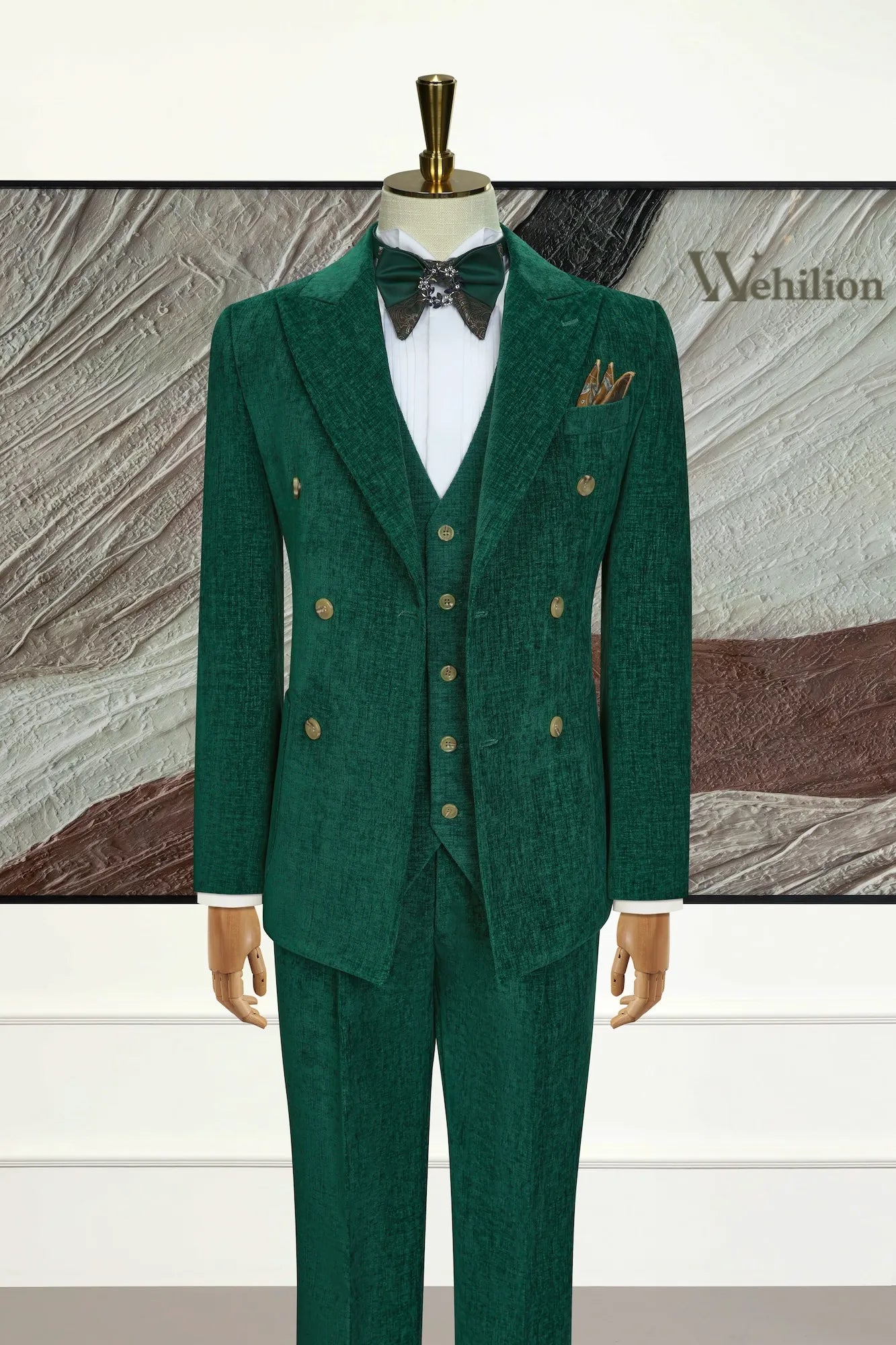 Men's Green Corduroy Peak Lapel 3 Piece Suit