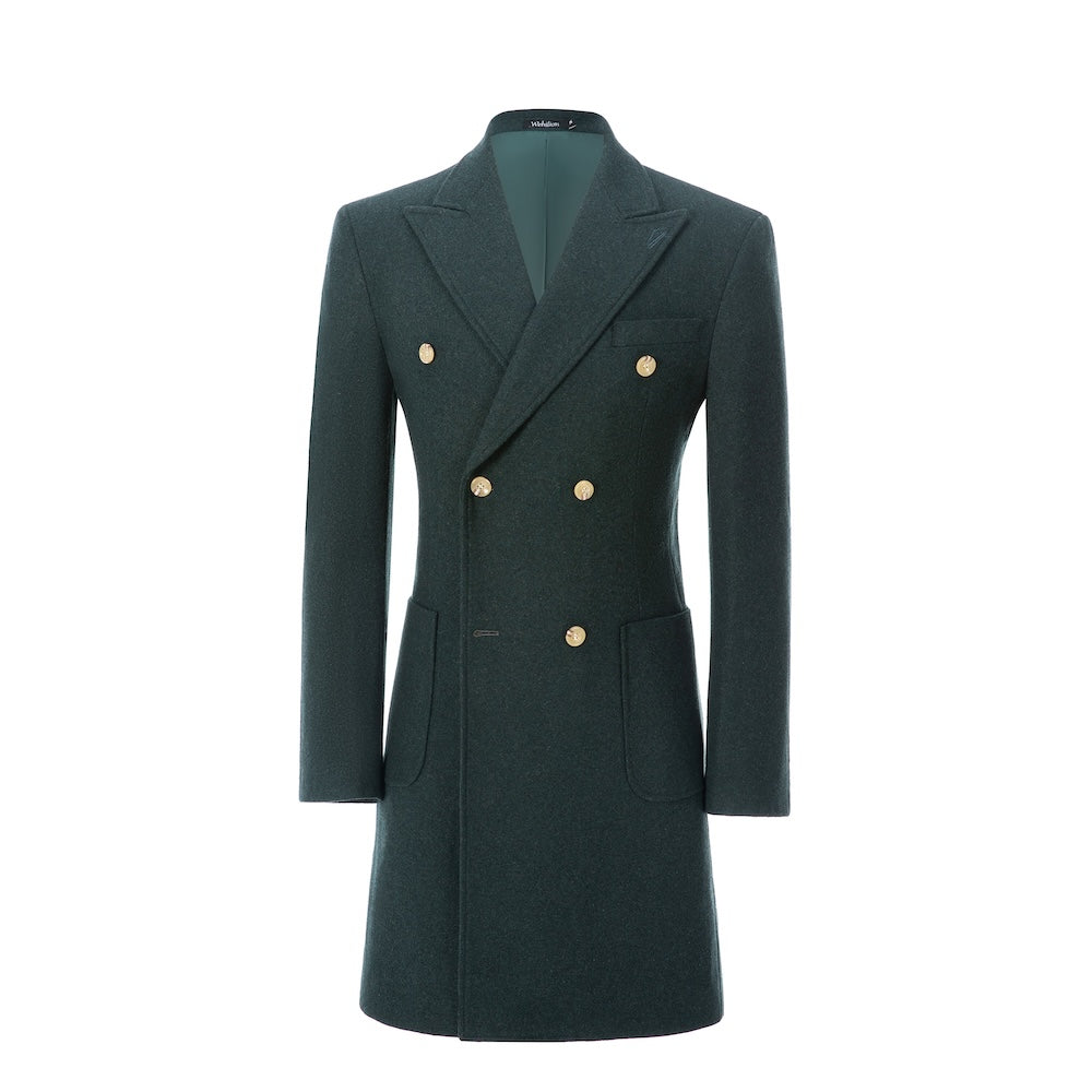Men's green wool overcoat - front view of double breasted long winter coat with gold buttons and welt pockets