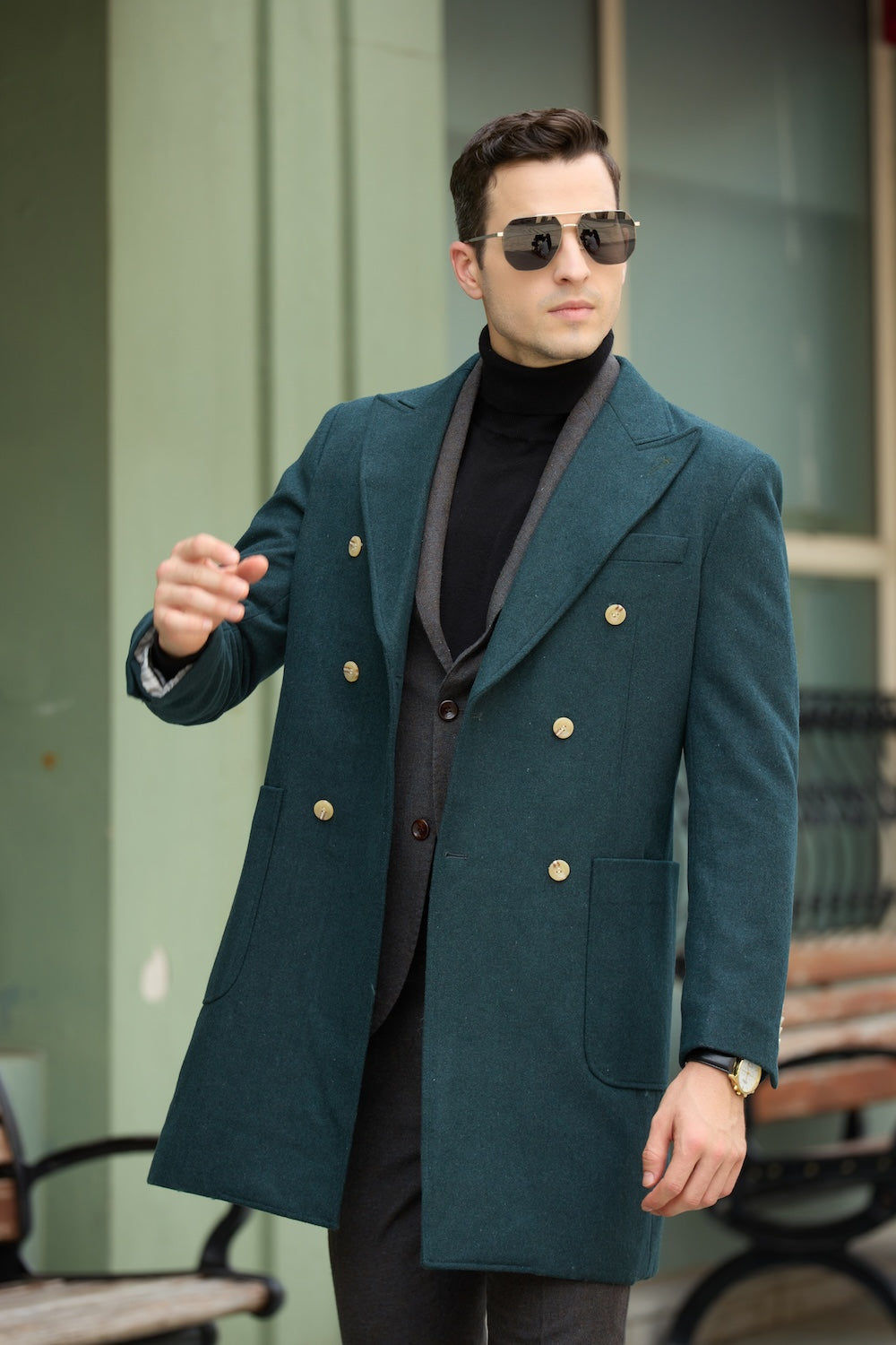 Men's green wool overcoat - front view of double breasted long winter coat, gold buttons outdoor overcoat in city scene