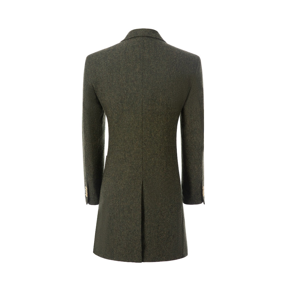 Rear display of structured green men’s overcoat – long winter wool blend design