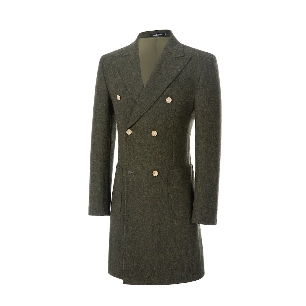 Angled view of long green wool coat with peak lapel and gold button detail