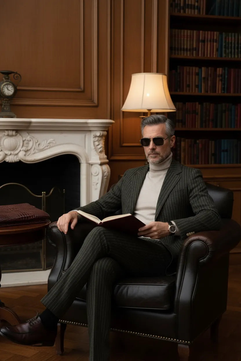 Men's Green Elegant Stripe Herringbone 2 Piece Suit