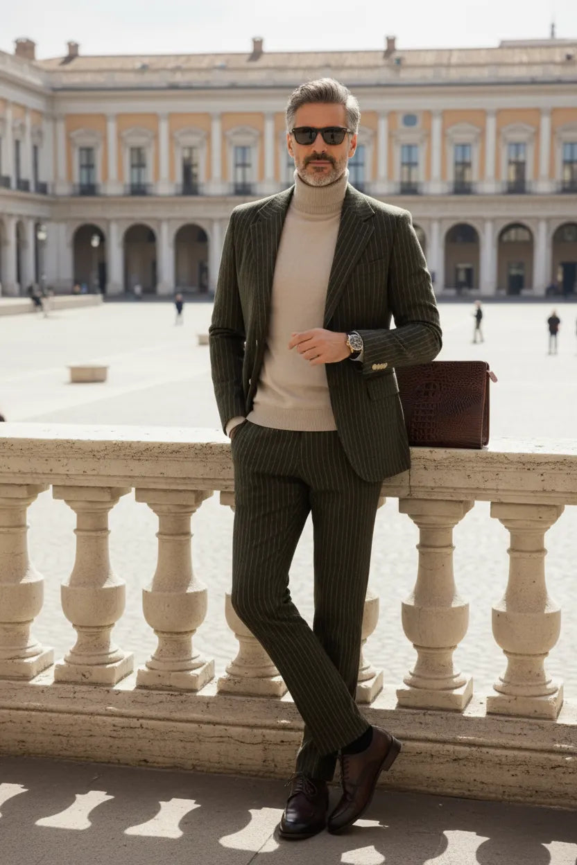 Men's Green Elegant Stripe Herringbone 2 Piece Suit