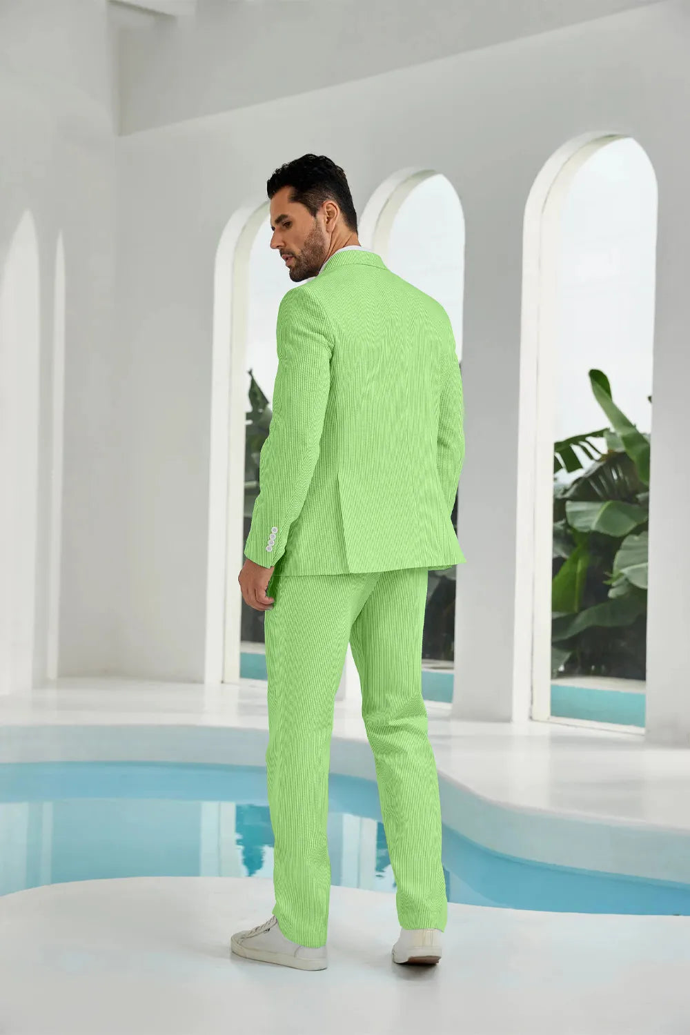 Green seersucker double breasted blazer pants 2 piece men's summer suit upgrade version back display