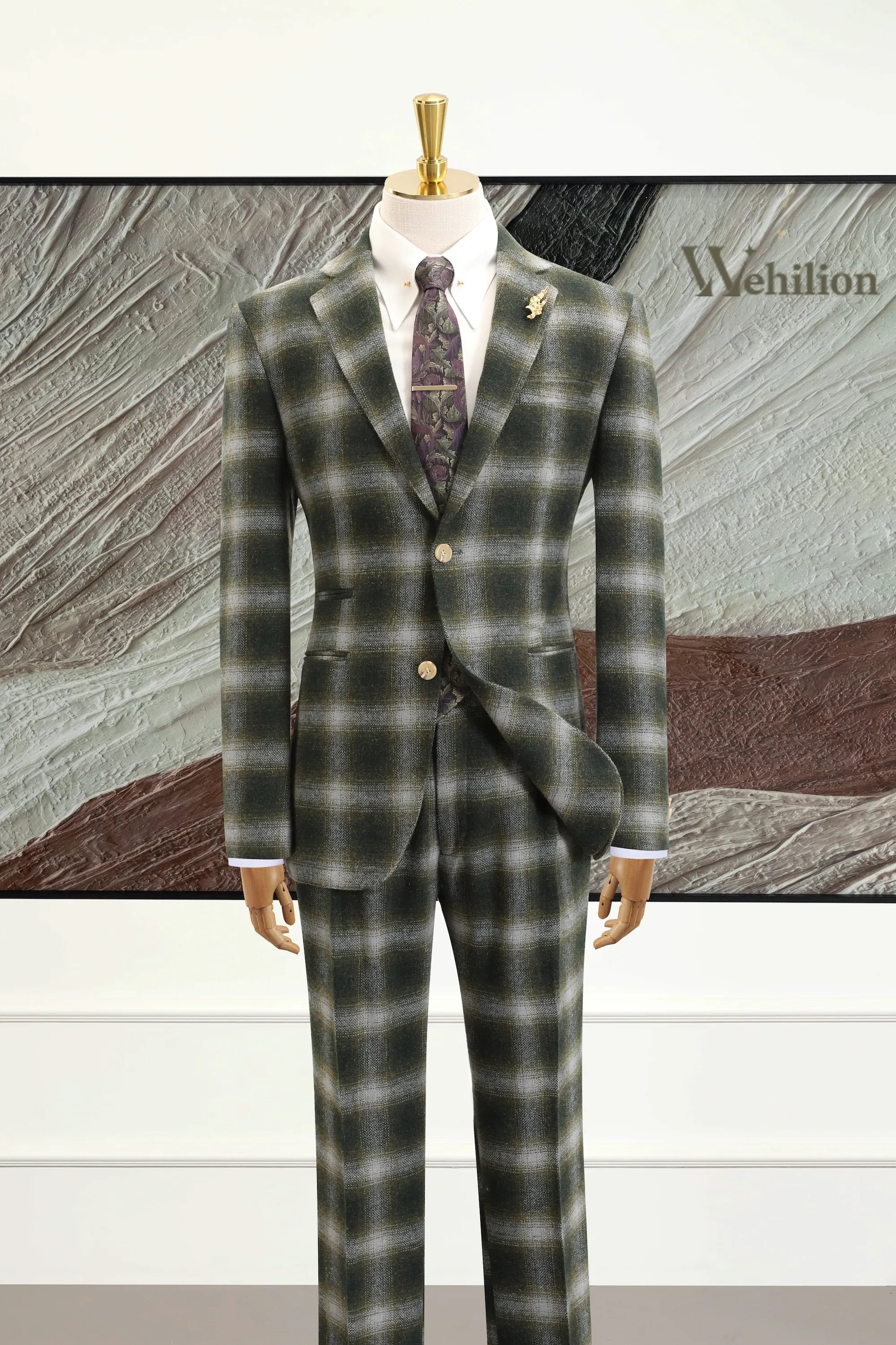 Men's Green Plaid Herringbone 2 Piece Suits