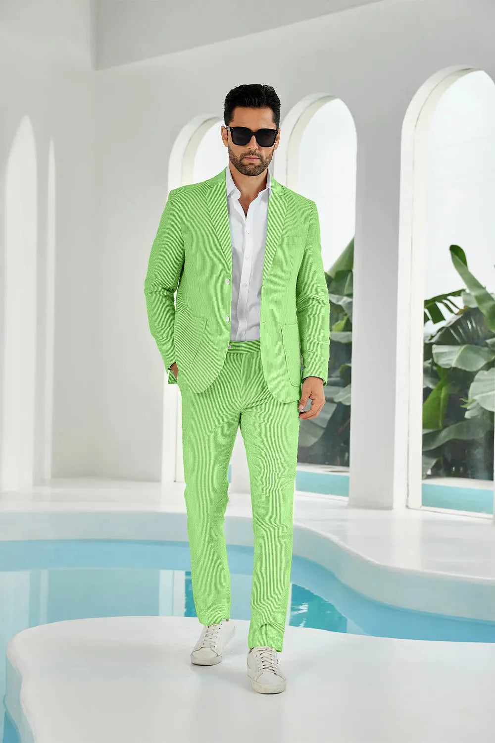 Green-white seersucker striped blazer pants 2 piece men's summer suit upgrade version front display