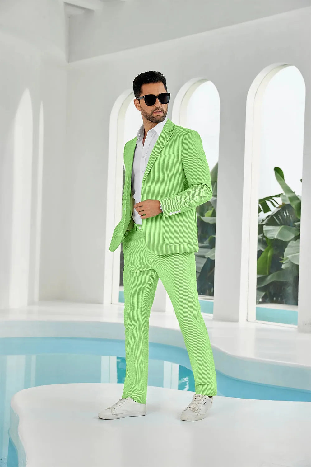Green-white seersucker striped blazer pants 2 piece men's summer suit upgrade version side display