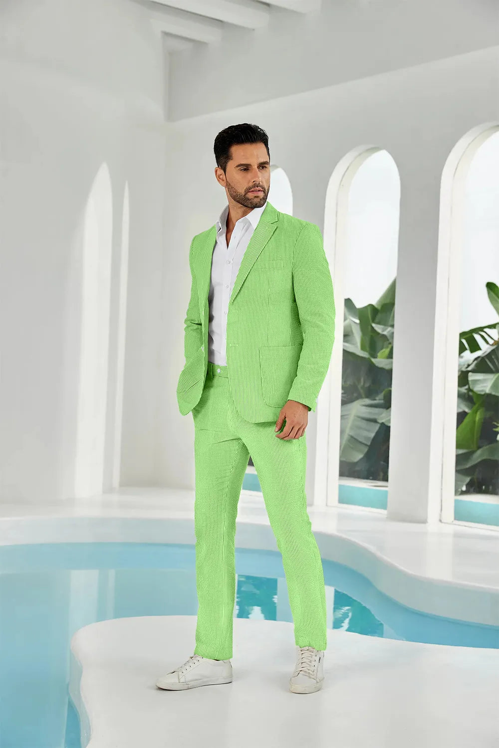 Green-white seersucker striped blazer pants 2 piece men's summer suit upgrade version on model