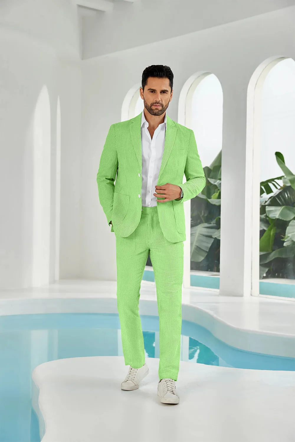 Green-white seersucker striped blazer pants 2 piece men's summer suit upgrade version