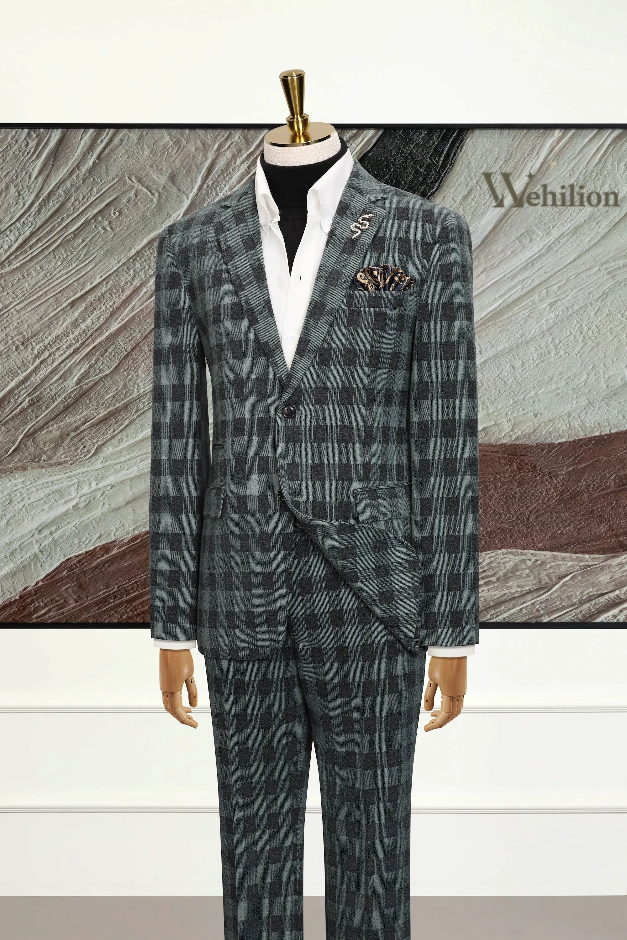 Men's Green Plaid Wool Blend 2 Piece Suits