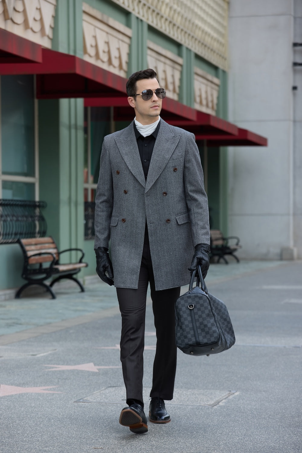 Men's gray wool overcoat - urban long winter double breasted coat for men, walking in city street scene outerwear