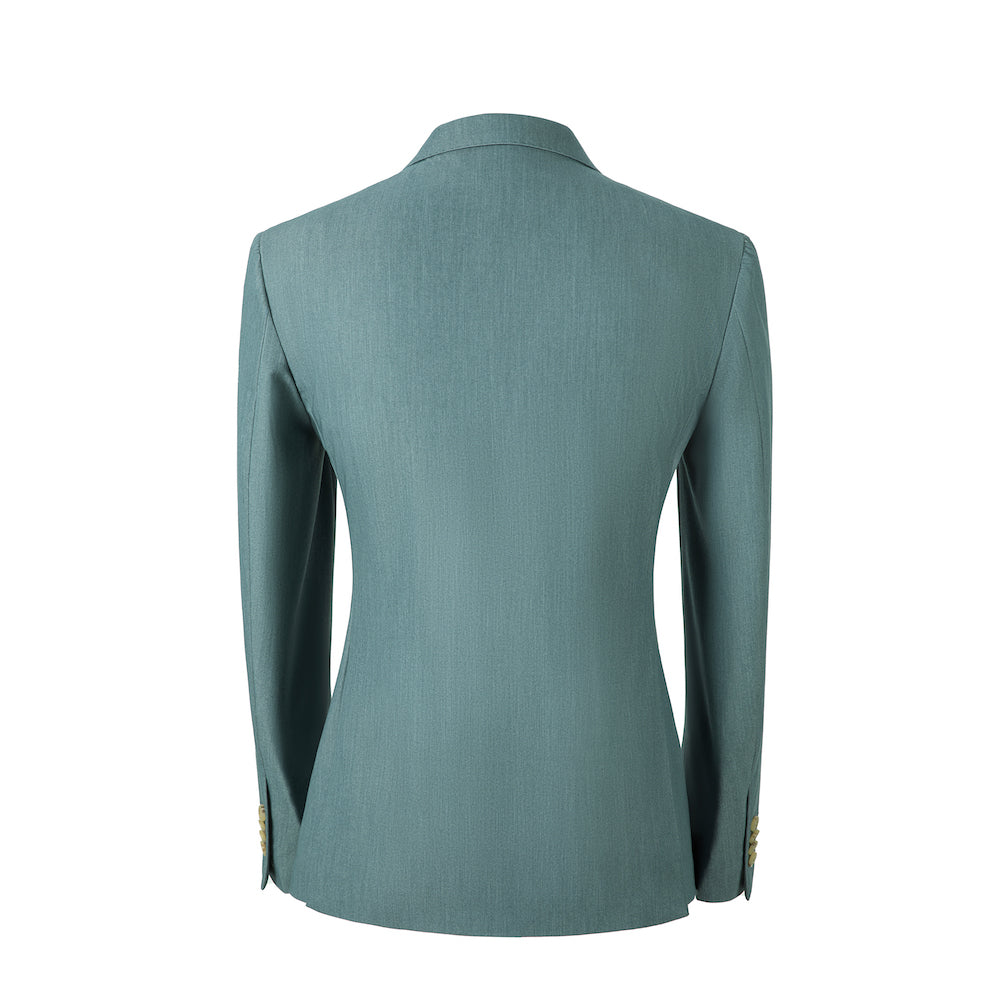 Designer men's teal two button blazer back view - slim fit formal wedding jacket with gold cuff buttons