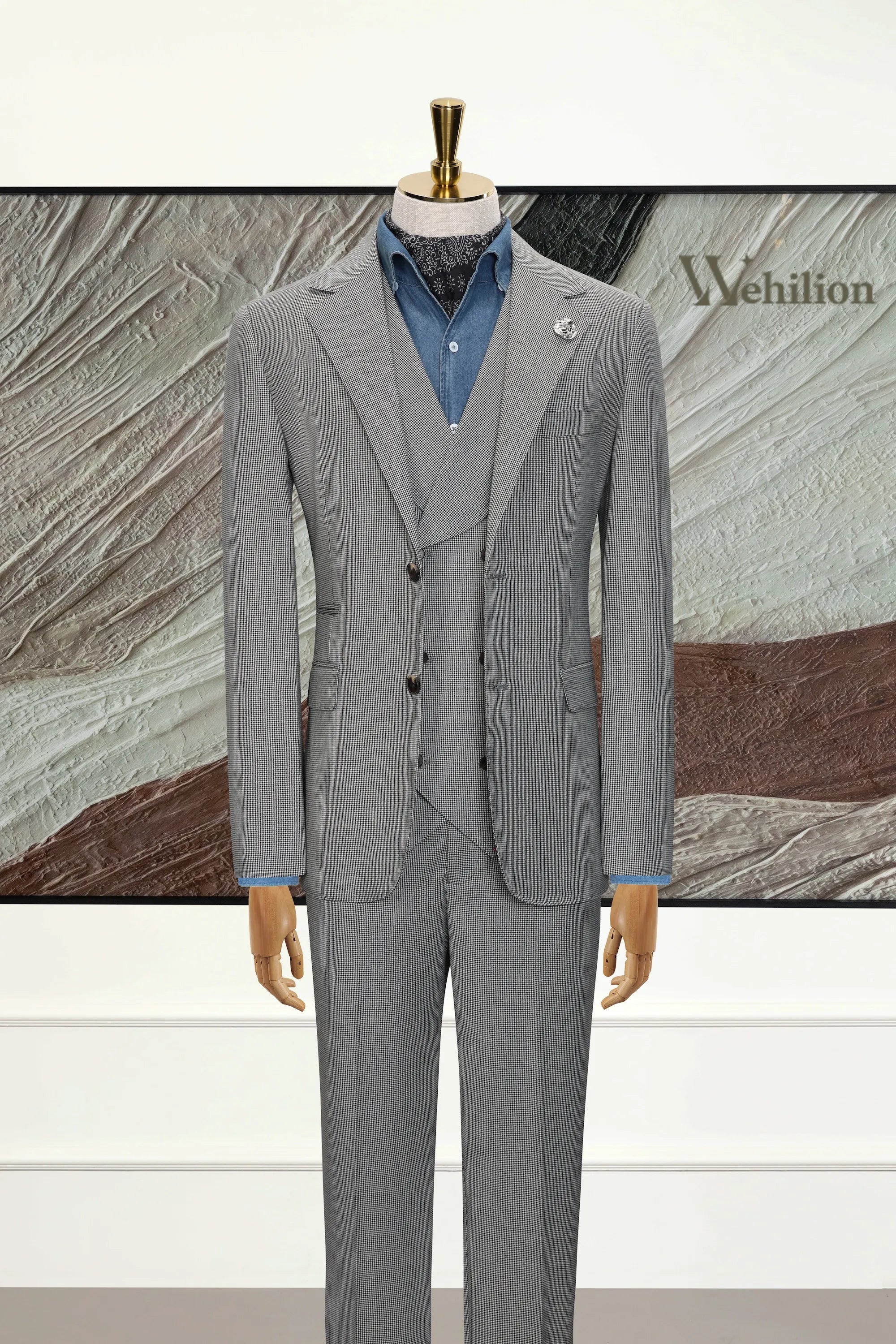 Men's Grey Houndstooth Herringbone 3 Piece Suit