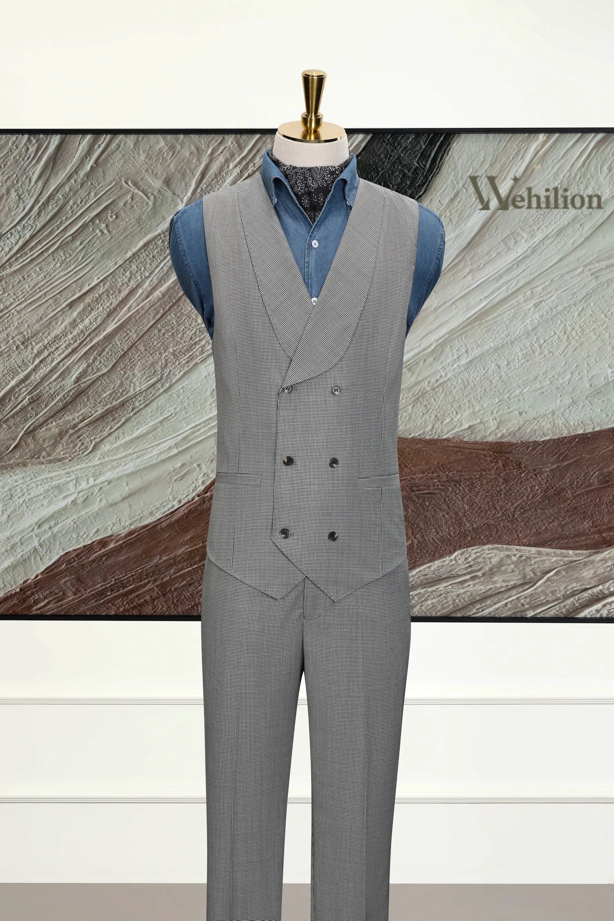 Men's Grey Houndstooth Herringbone 3 Piece Suit
