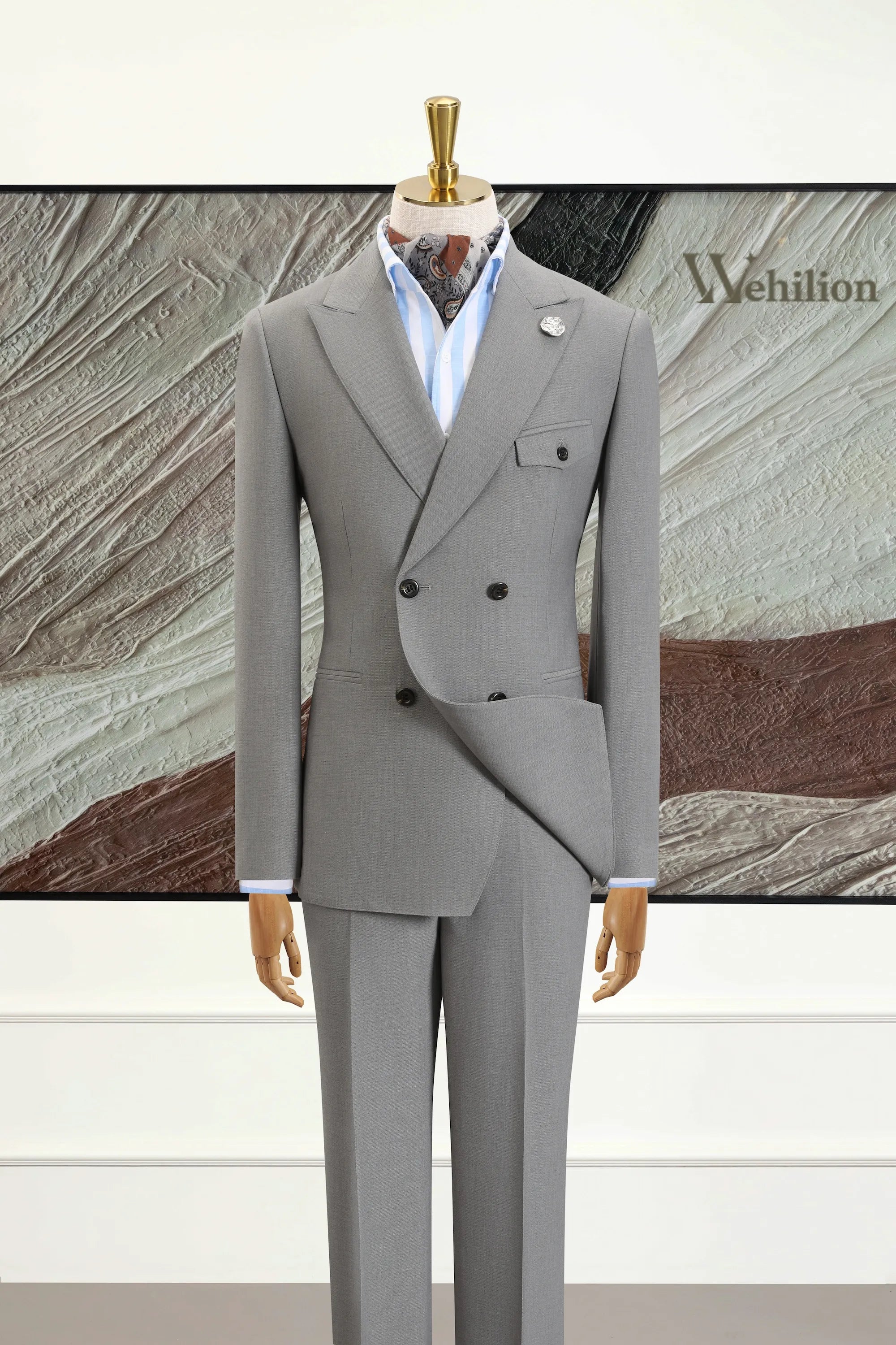 Men's Grey Silk Double-Breasted 2 Piece Suits