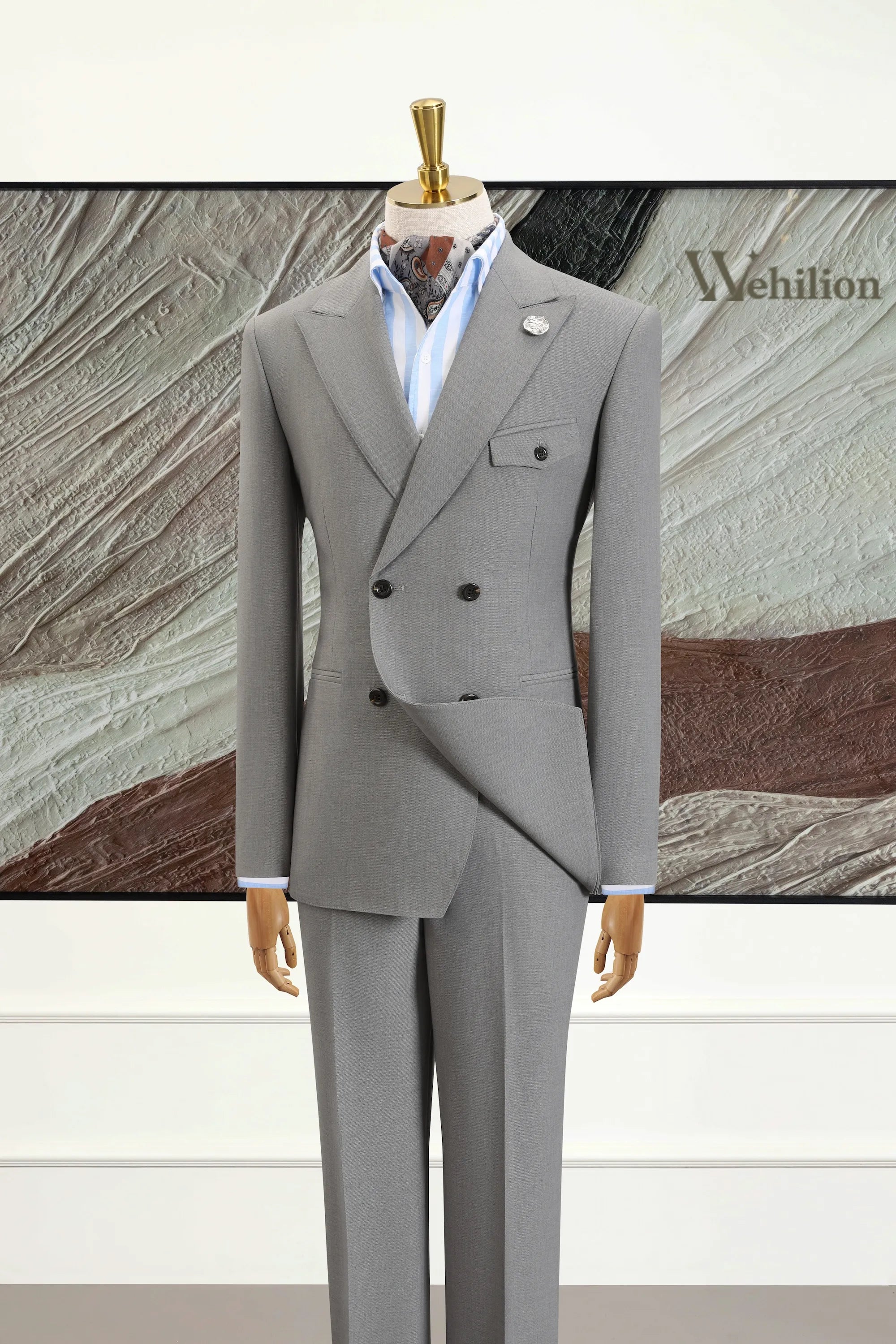 Men's Grey Silk Double-Breasted 2 Piece Suits