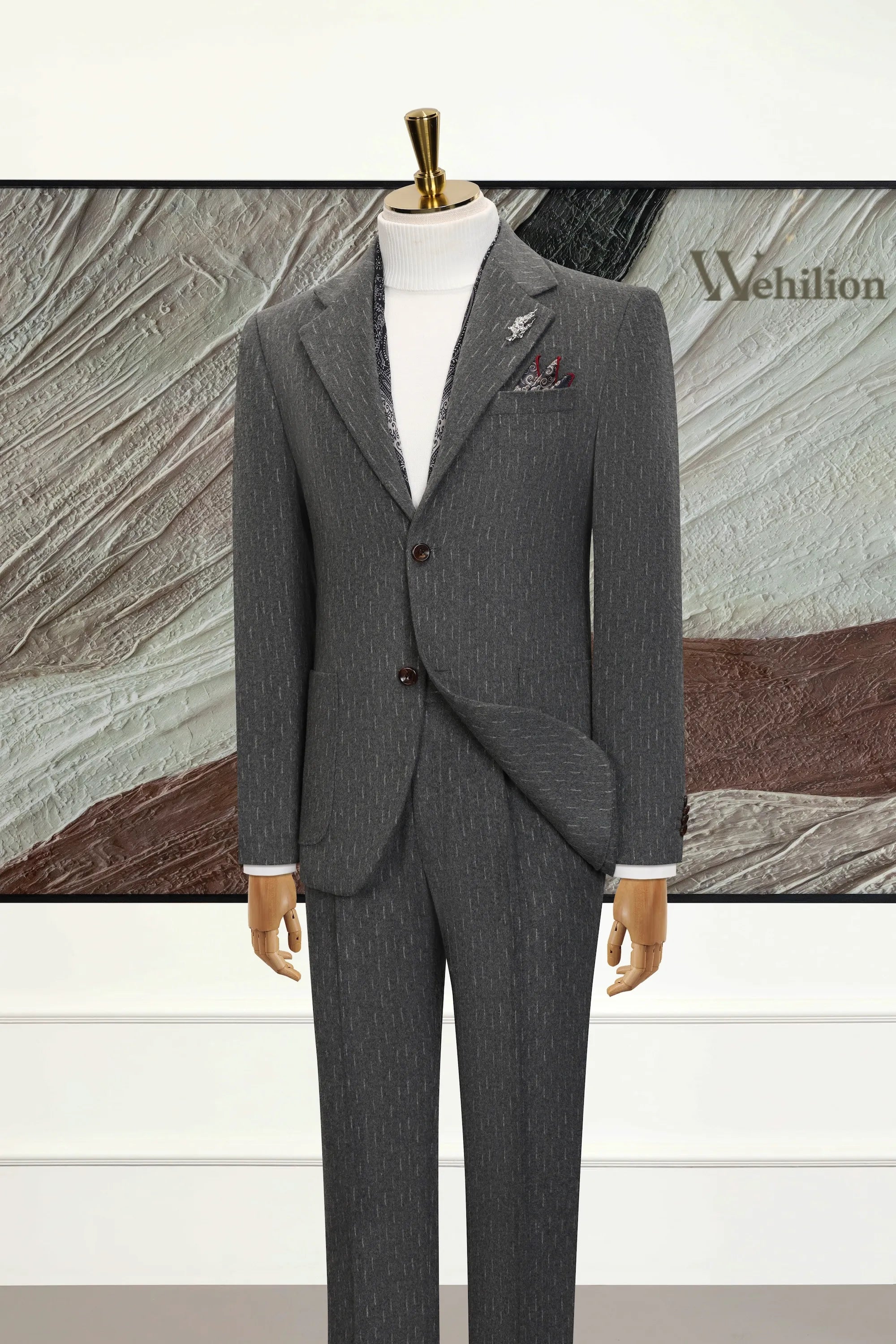 Men's Grey Herringbone 3 Piece Suits