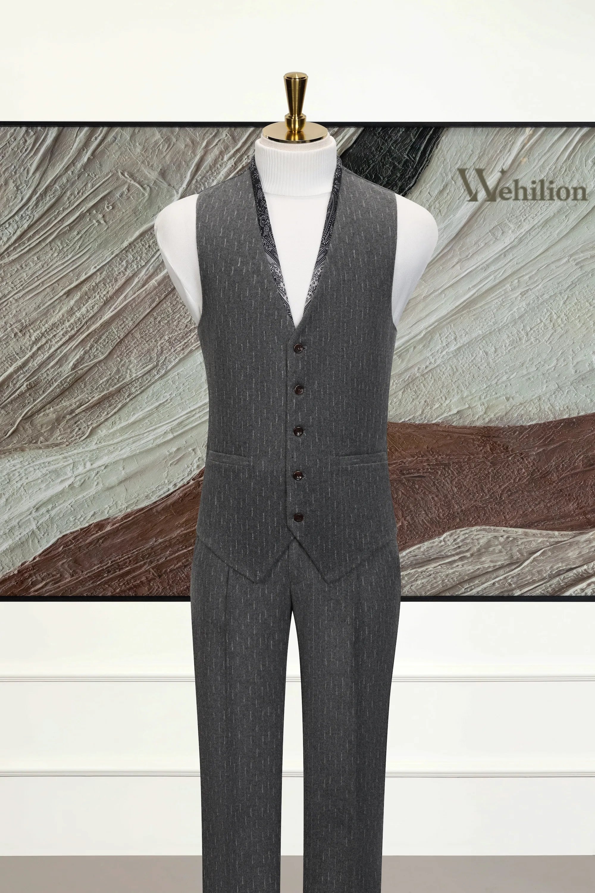 Men's Grey Herringbone 3 Piece Suits