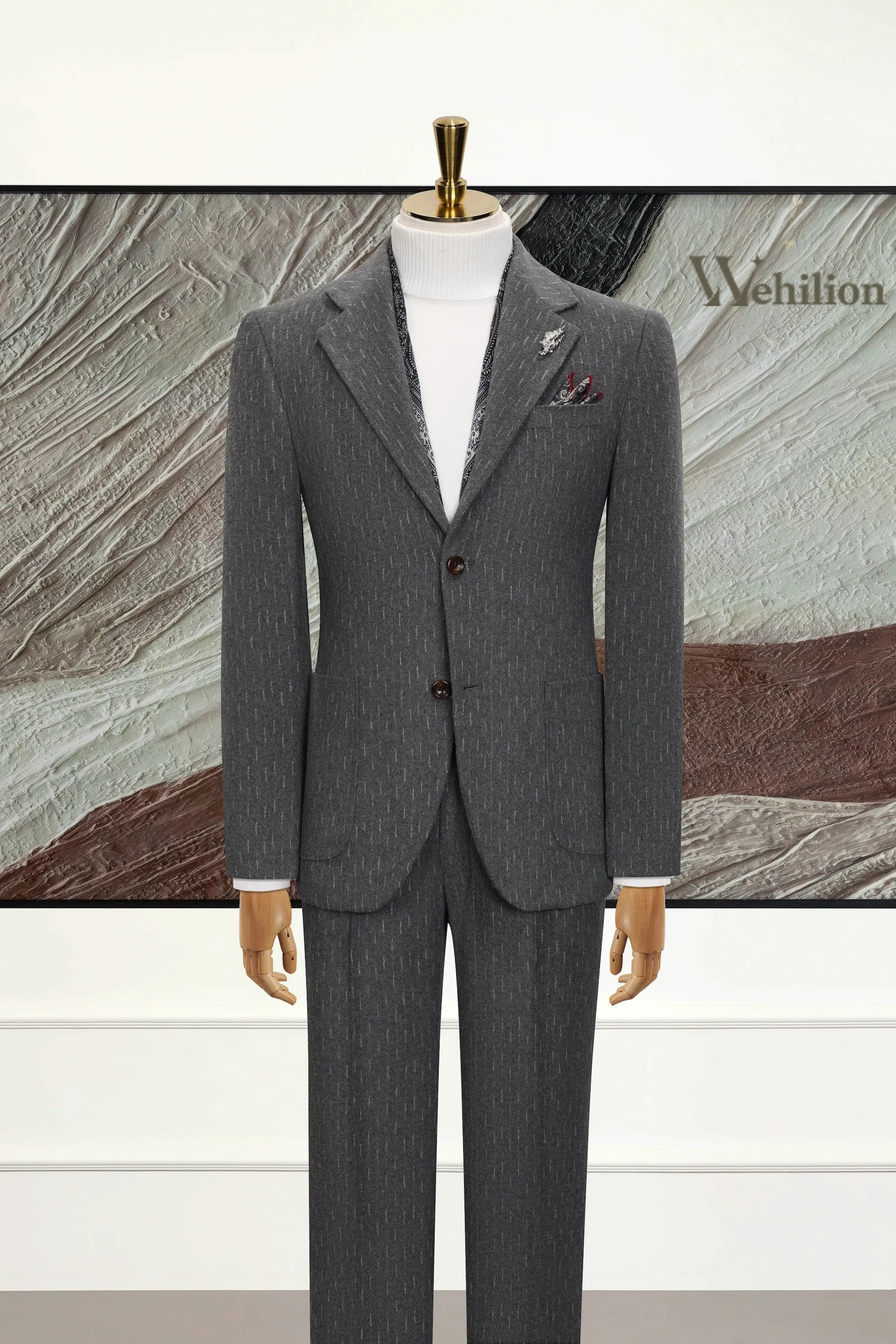 Men's Grey Herringbone 3 Piece Suits