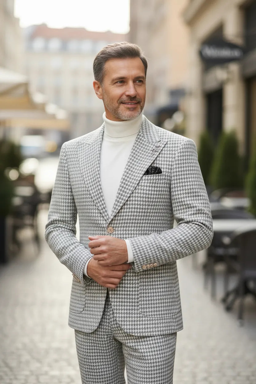 Men's Classic Fit Houndstooth Herringbone 2 Piece Suit