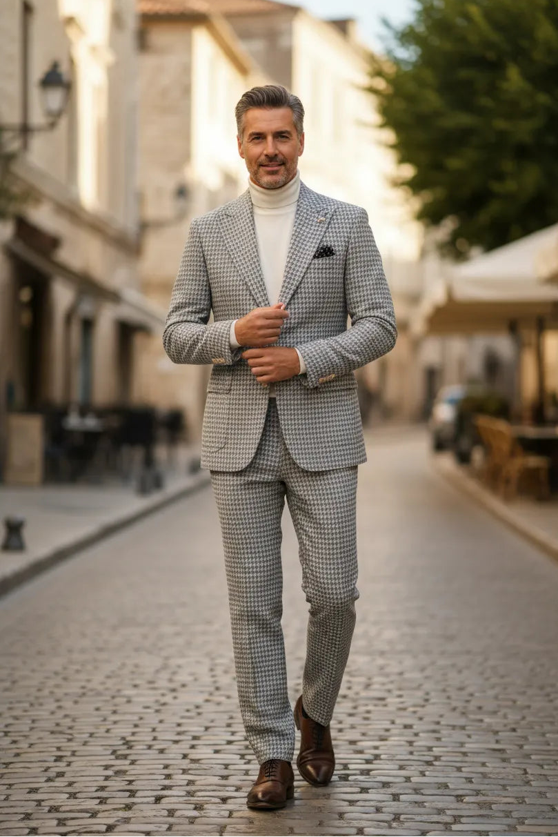 Men's Classic Fit Houndstooth Herringbone 2 Piece Suit